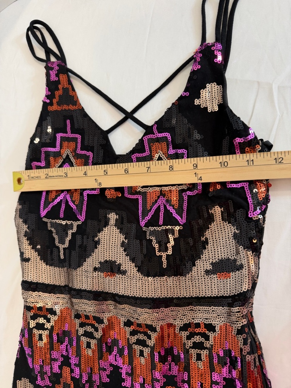 Sequin Mini Dress Size 1 Black Pink Geometric Aztec Strappy Party - Picture 12 of 15